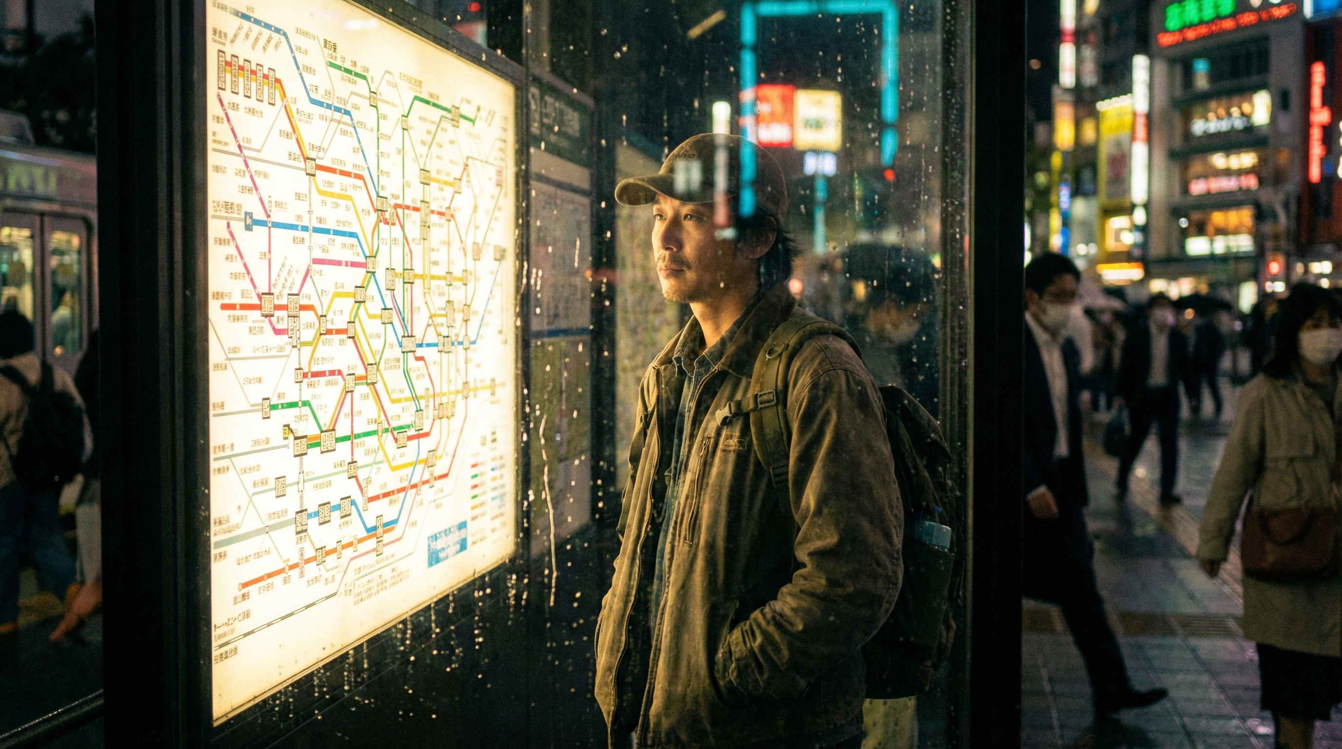 A traveler looking at a confusing train map in Tokyo