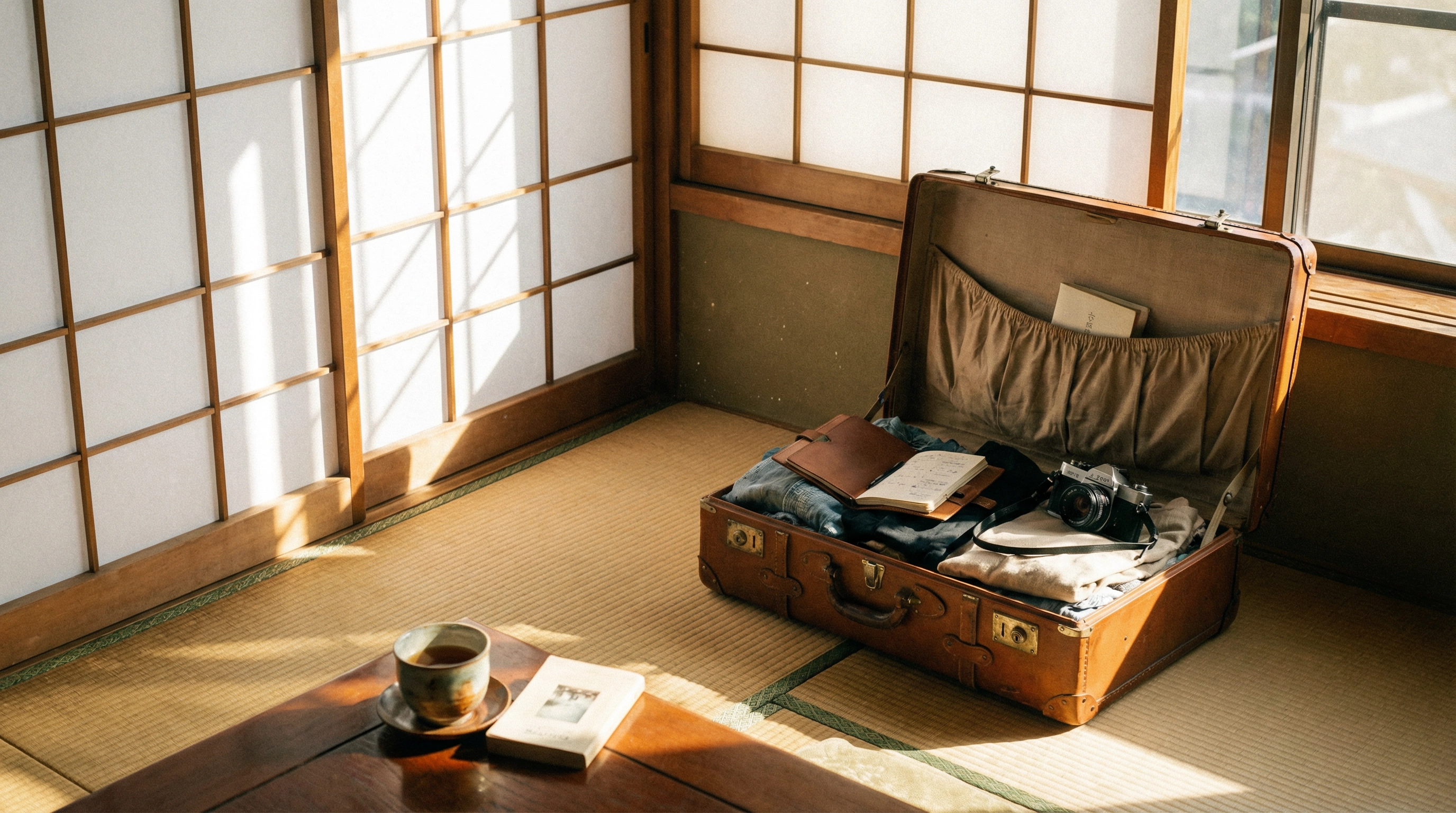 A quiet corner of a ryokan room with a suitcase and tea