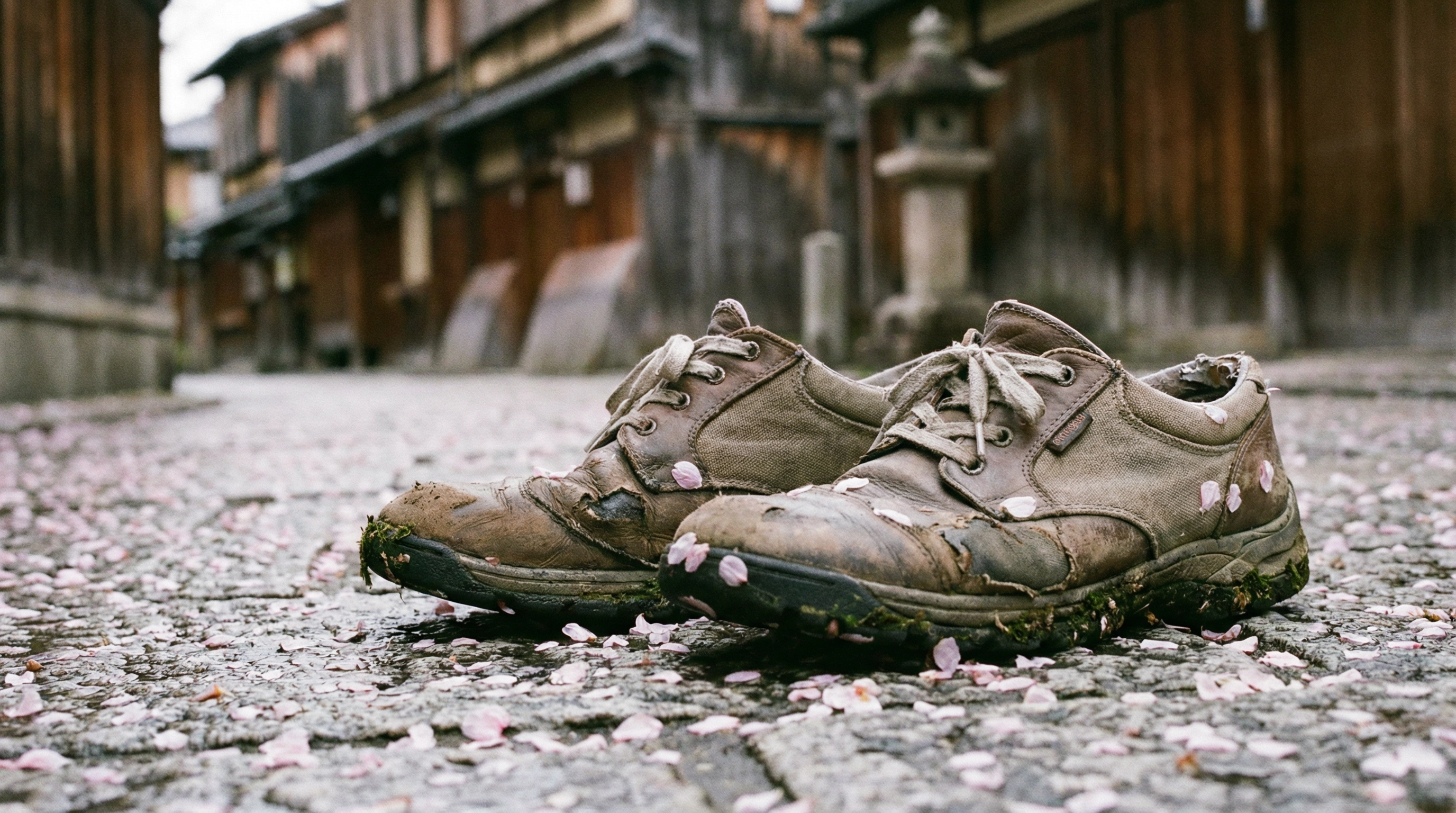 Worn-out walking shoes on a cobblestone street in Kyoto