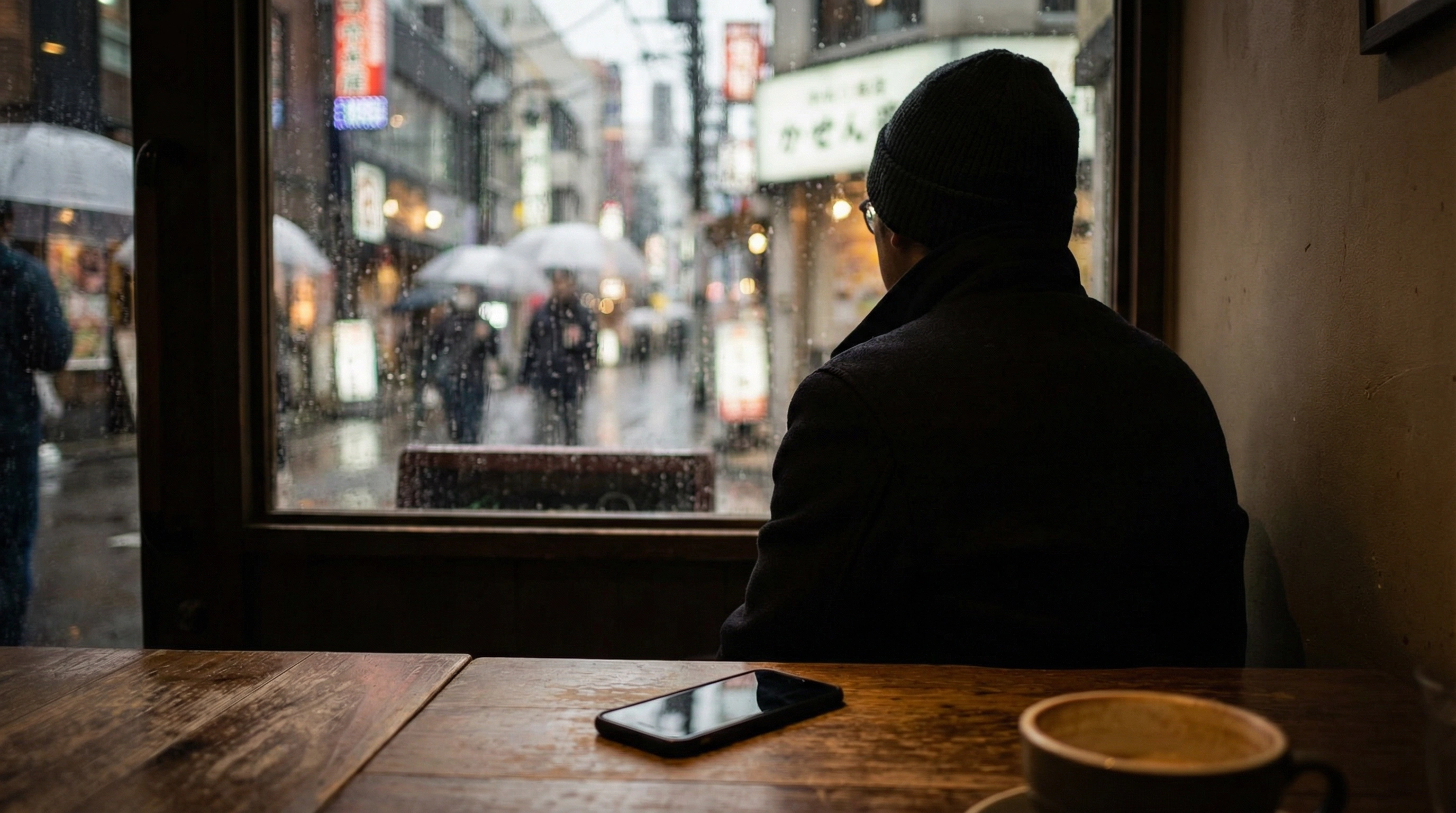 A person sitting alone in a quiet Tokyo cafe, looking out the window at rain