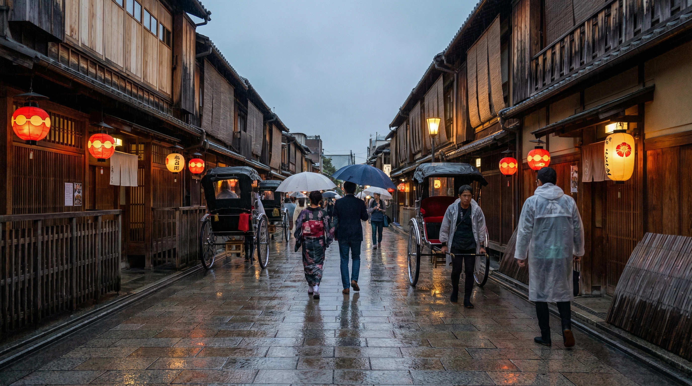 Rainy day in Gion, reflections on wet pavement, traditional lanterns