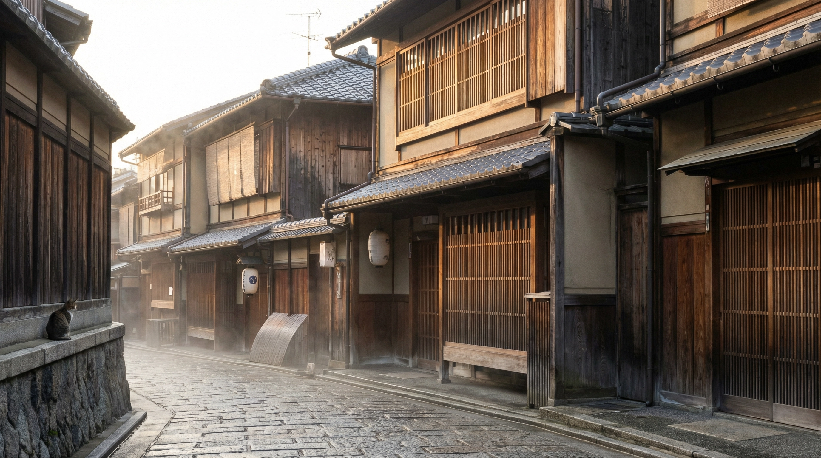 Early morning street in Kyoto, empty and peaceful, traditional machiya houses
