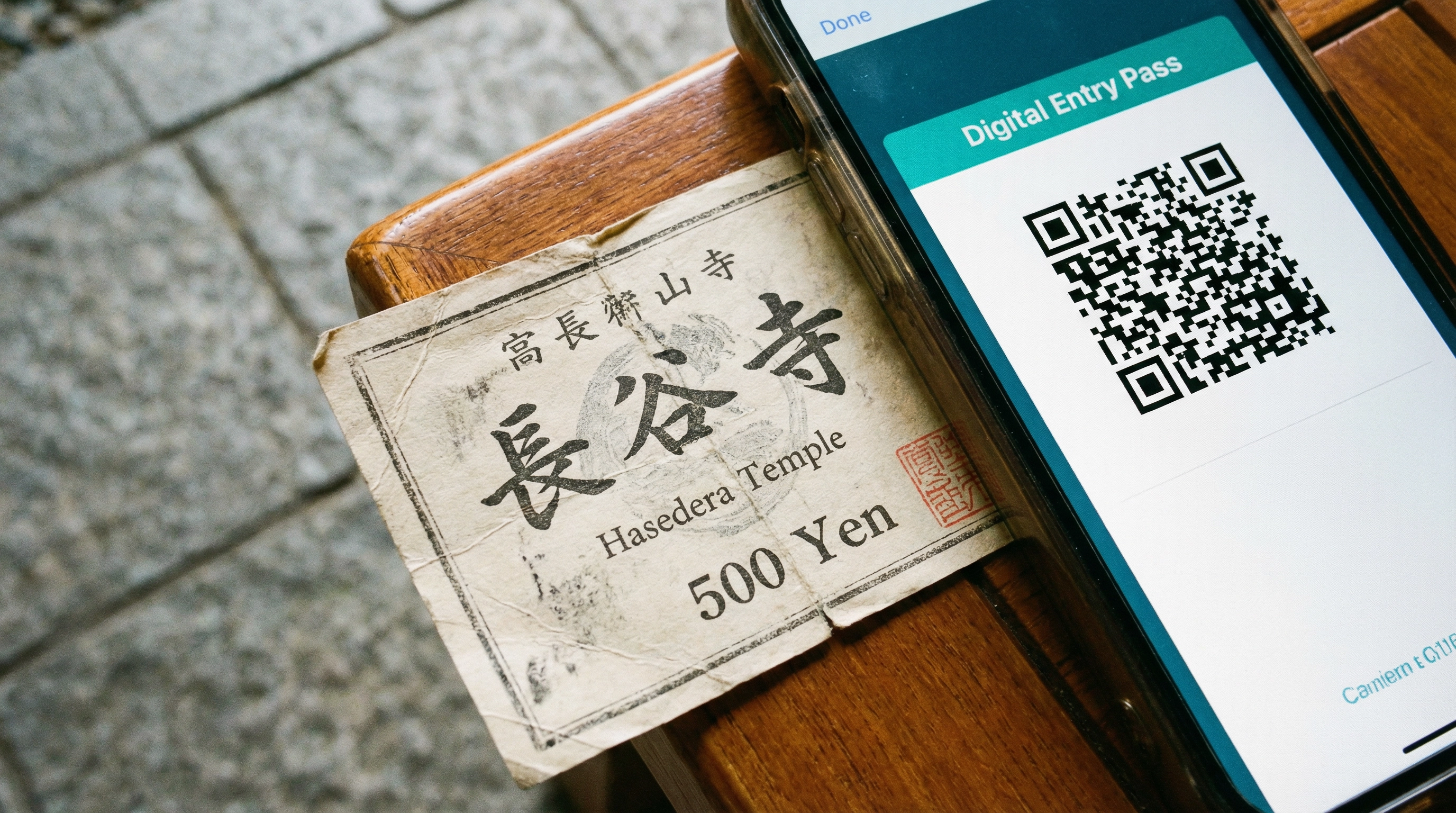 Close up of a traditional temple ticket and a modern smartphone showing a QR code