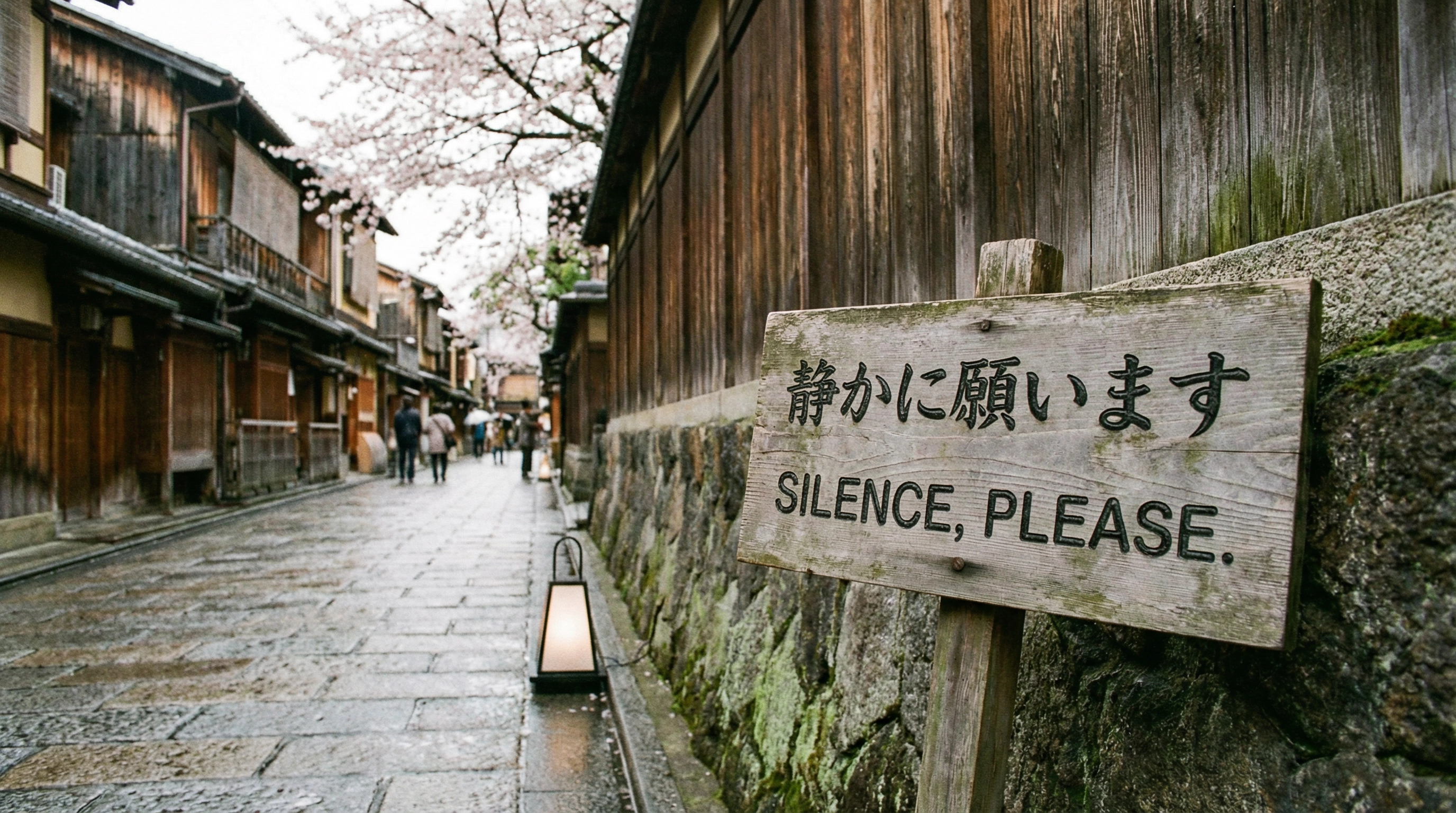 A sign in Kyoto asking for silence, traditional background